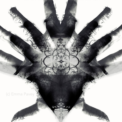 Unusual and dramatic black and white digital art abstract image with hands and/or head and mirrored tattoo effect. Bold art for hotels, office or home.