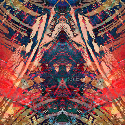 Rich red blue gold abstract digital batik style image suitable for hotel, office or home art prints. Kaleidoscope mirror effect.