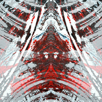 Evocative and dramatic red, black and white abstract digital image suitable for hotel, office or home art prints. Symmetrical mirror effect, winter themes.