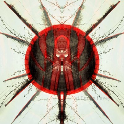 Rich and dramatic art, red black abstract digital art suitable for hotel, office or home art prints. Symmetrical mirror effect with figure.