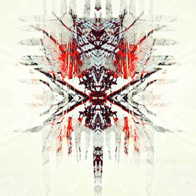 Unique and dramatic fierce art, red black abstract digital art image suitable for hotel, office or home art prints. Symmetrical mirror effect.